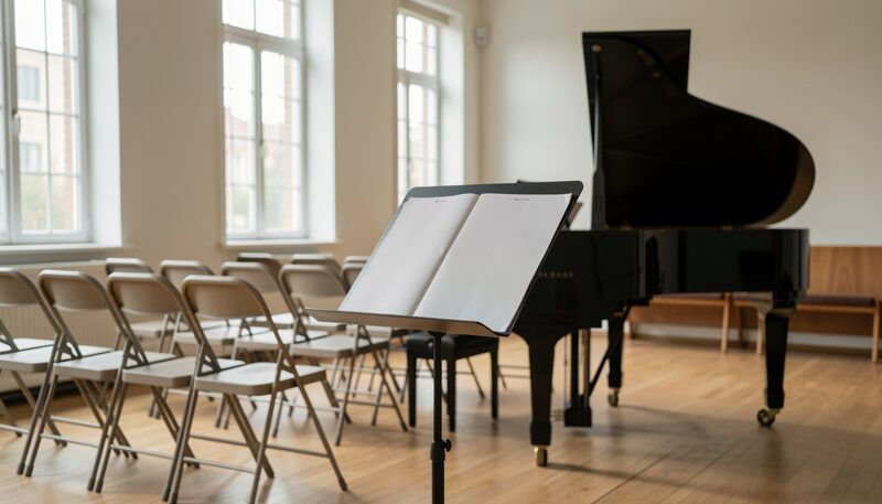 A rehearsal room with a grand piano at the wall, a music stand holding a blank sheet of music seen at an angle, rows of folding chairs, and daylight coming in from tall windows.