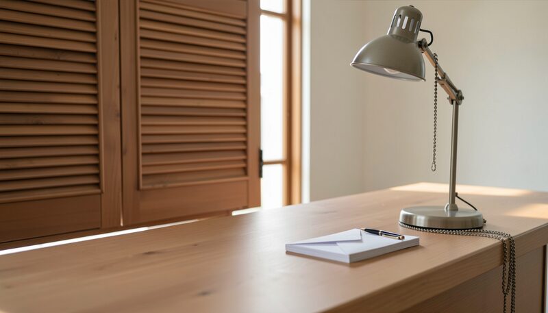 A wooden counter in daylight with a green desk lamp on a jointed arm, a pen on a chain, a small stack of blank envelopes and closed wooden shutters behind, and no printed paper in view.