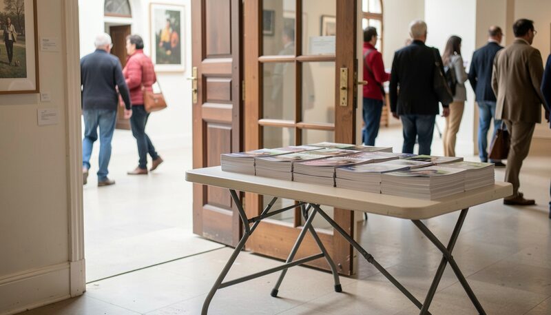 A folding table with programmes stacked in neat piles just inside an open gallery door, visitors filtering past in the background, and daylight from the street falling across the white papers on the table.