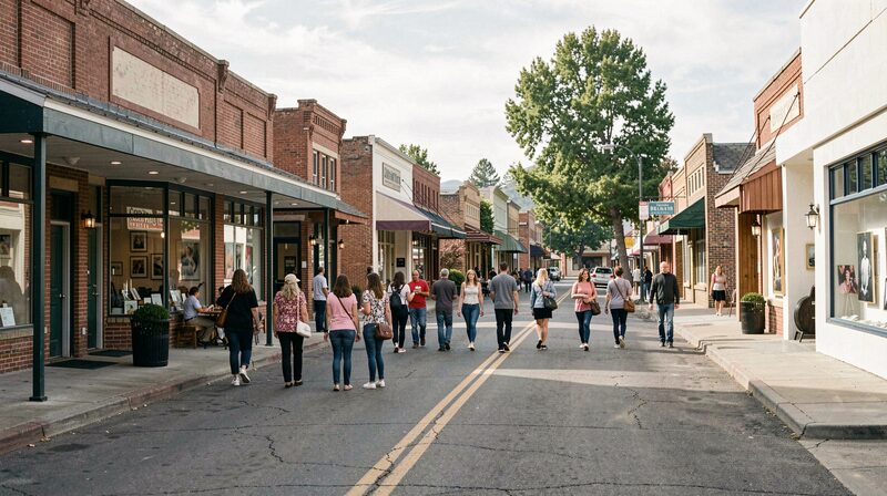 A main street in autumn light seen from the middle of the road: brick storefronts and awnings on both sides, gallery windows, people walking between the parked cars, a big tree, and a mountain at the end of the street.