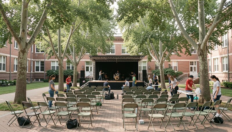 A campus quad with a small outdoor stage, folding chairs in loose rows across the grass, and student volunteers setting up sound equipment under a line of poplar trees at the edge of the lawn.