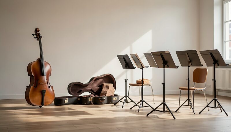 A rehearsal room with a double bass standing upright beside its open case, a row of empty music stands on tripod bases and two plain chairs, with low sunlight across a bare wooden floor and blank walls.