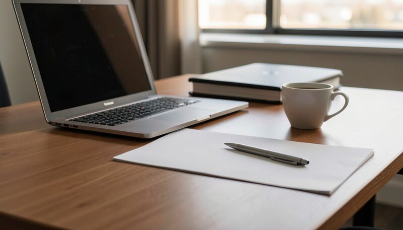 An office desk at the end of the afternoon, seen from the side: a closed laptop, one blank sheet of paper lying flat, a pen and a cup of coffee, with nothing written on the page.