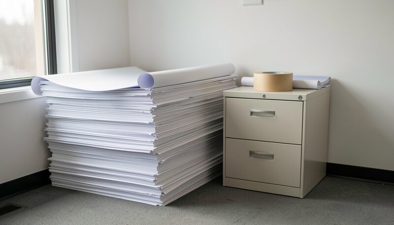 Large rolled posters leaning in the corner of an office beside a flat file cabinet and a roll of masking tape on the floor, with the paper edges shadowed and unreadable.