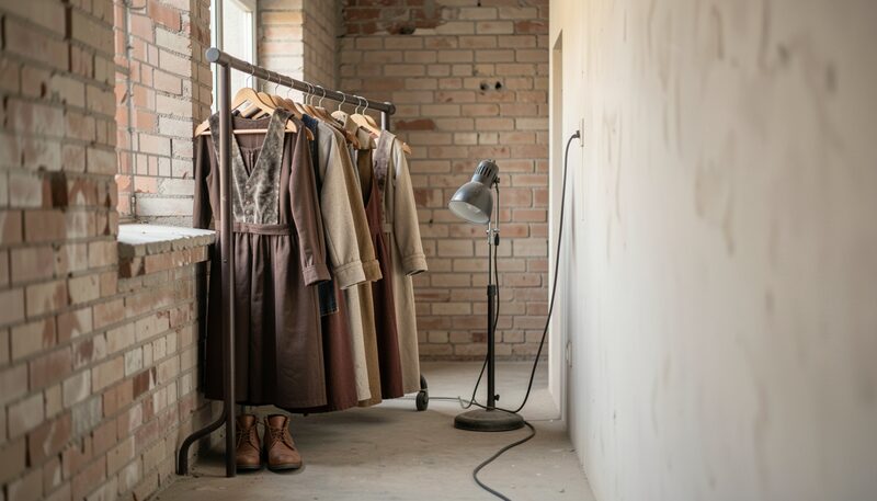 A costume rail in a backstage corridor holding long tunics and coats on wooden hangers, a pair of soft leather boots on the floor and a work lamp on a cable, with bare brick and plaster walls.